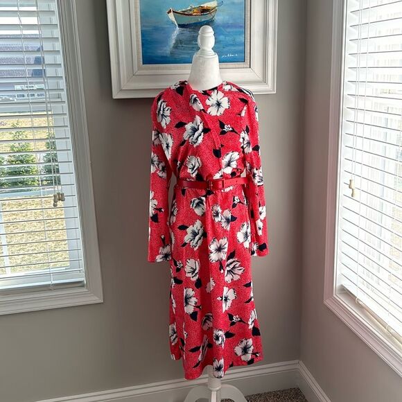Vintage 80s Blair Red Hibiscus Belted Longsleeve Wrap Midi Dress - Picture 2 of 12